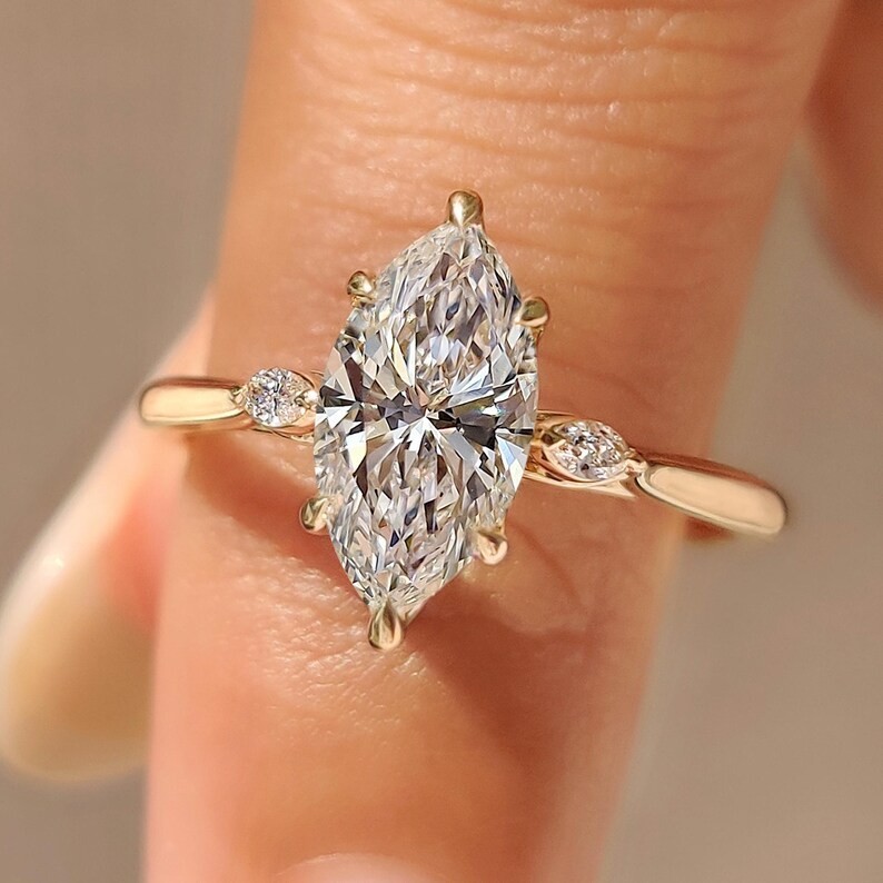 Marquise Three Stone Moissanite Six Prong Setting 14K Gold Vintage Wedding Ring