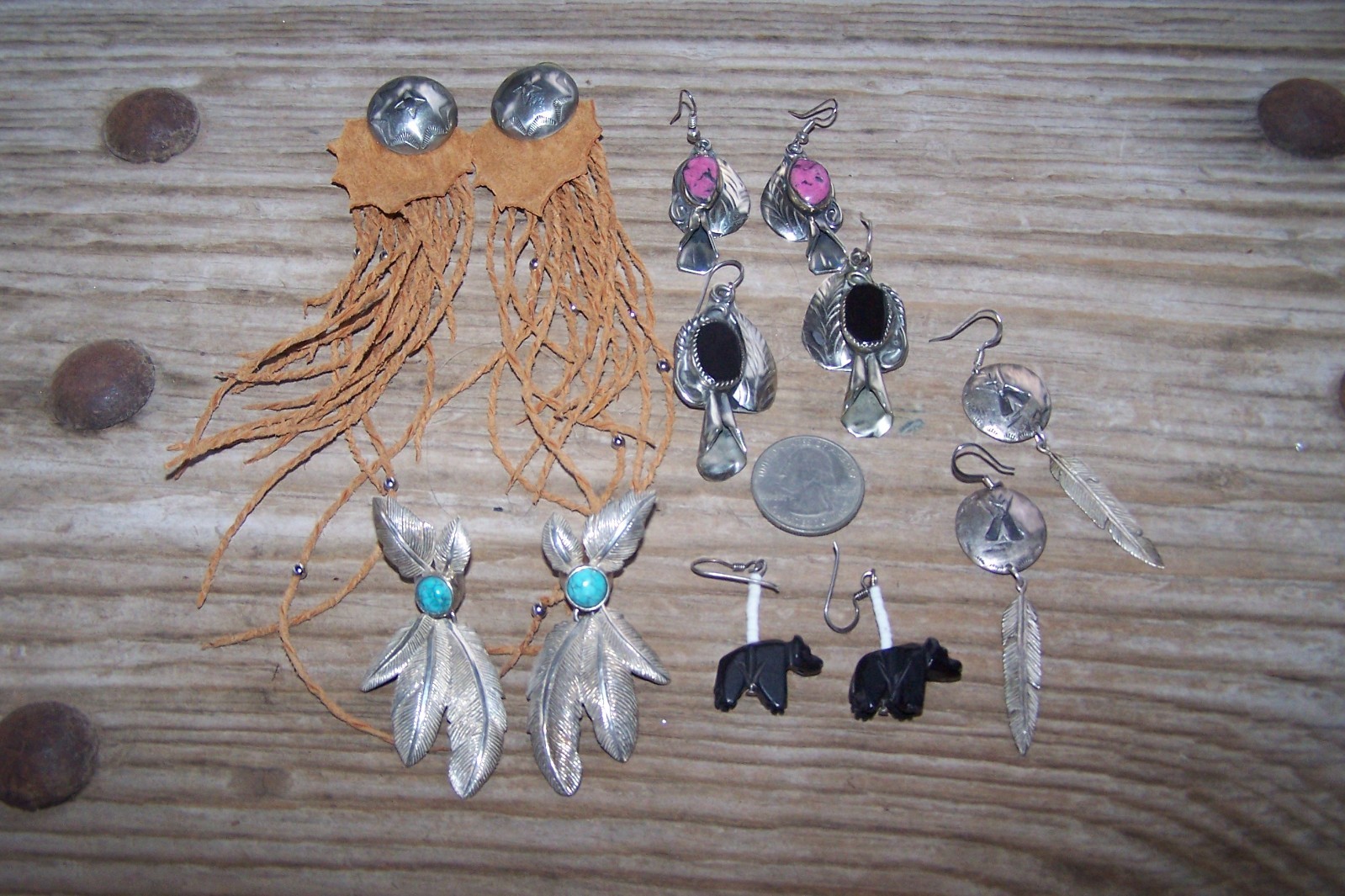 Southwestern Nickle Silver Stone Fetish Feather Squash Blossom Earrings Lot of 6