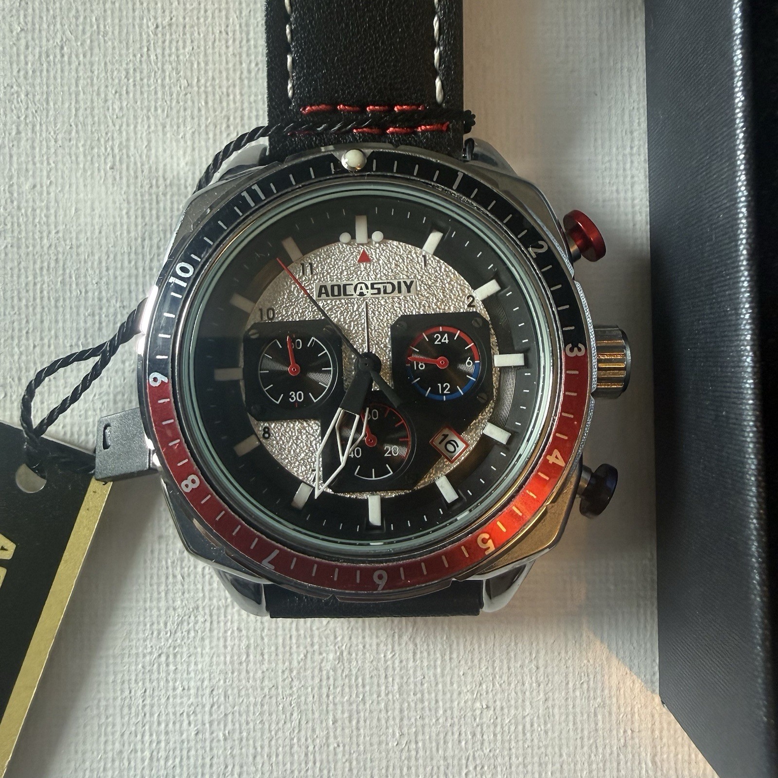 SALE ,AOCASDIY Chronograph date classic design, black and red bezel,45mm,WR30￼