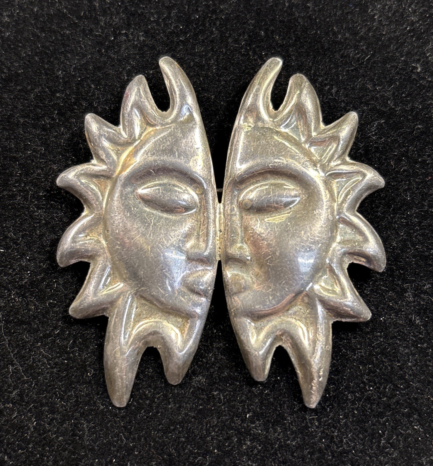 Mexico Sterling Silver Split Sun Face Pin Brooch .925 (20.1 Grams) Item#629