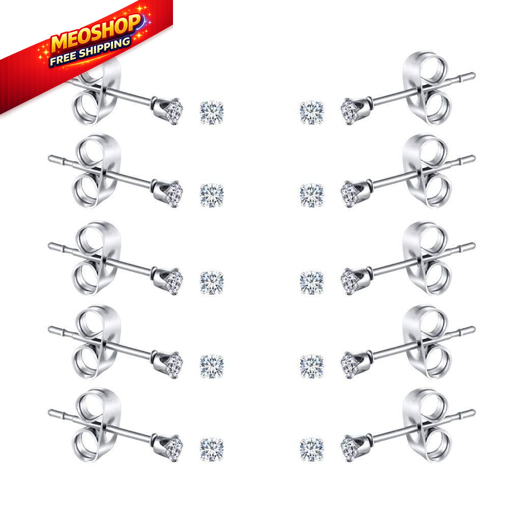 FOSIR 10 Pairs 2mm Tiny Women’s Surgical Stainless Steel Clear 4mm, Silver