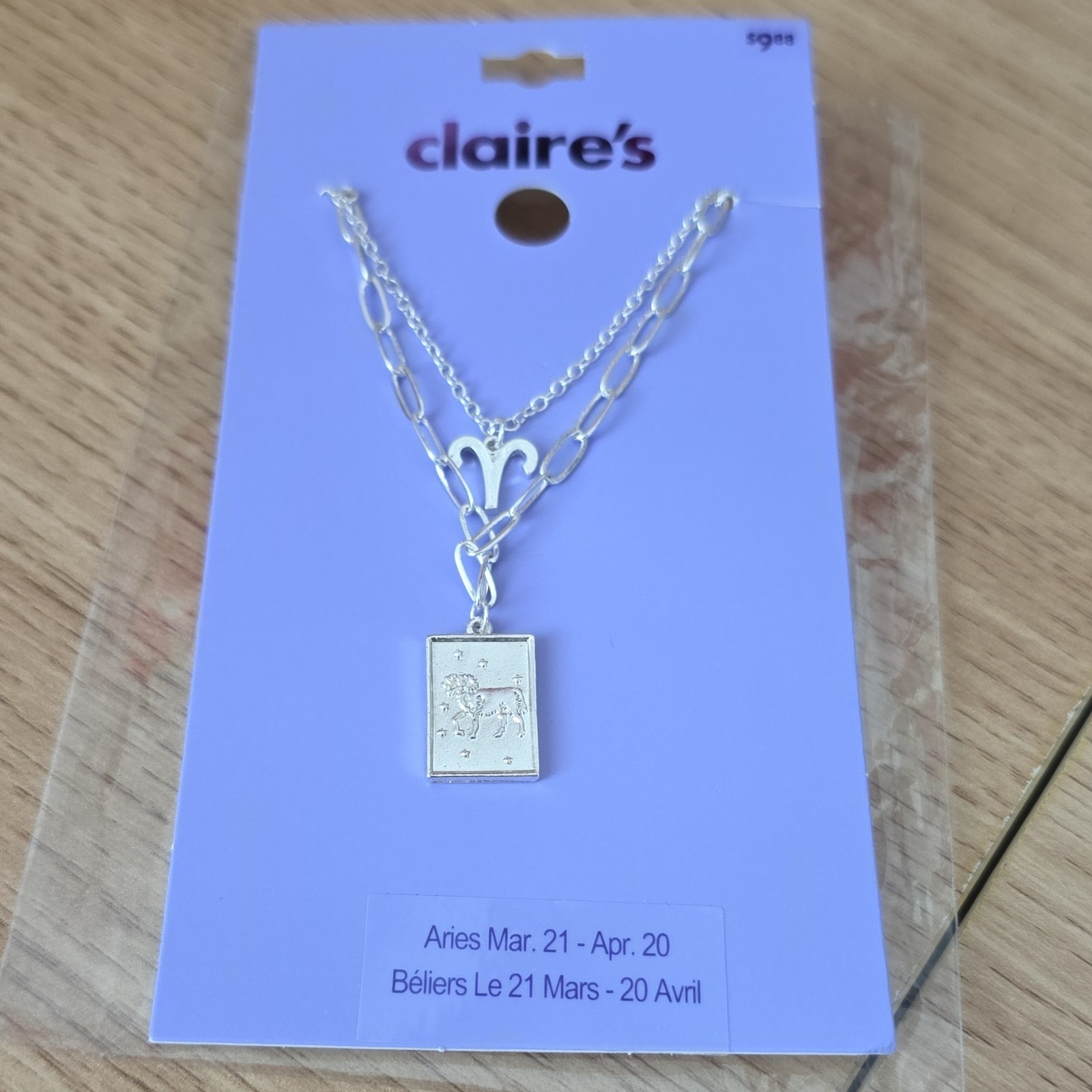 Claire’s Silver Tone Layered Cable Chain Aries Zodiac Rectangle Pendant Necklace