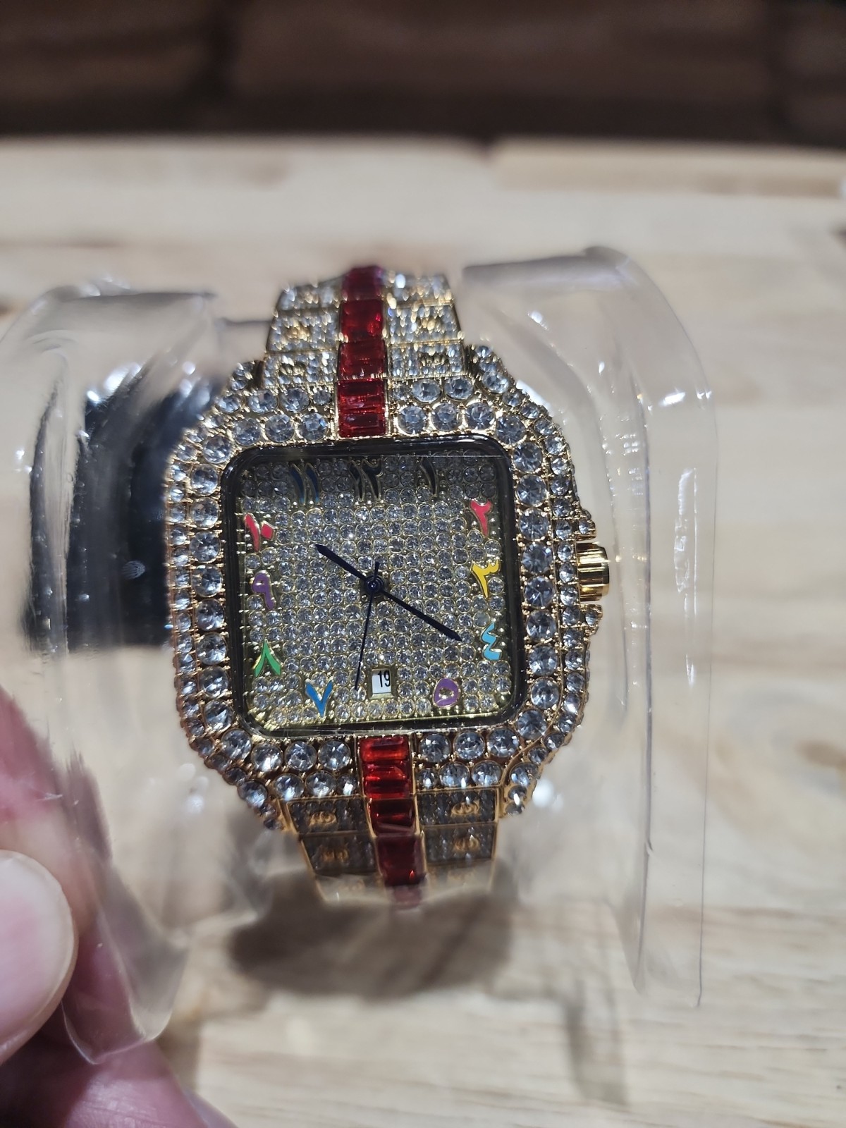 Men’s Fully Iced Out Quality Watch Bling Gold Simulated Diamond Red Stripe
