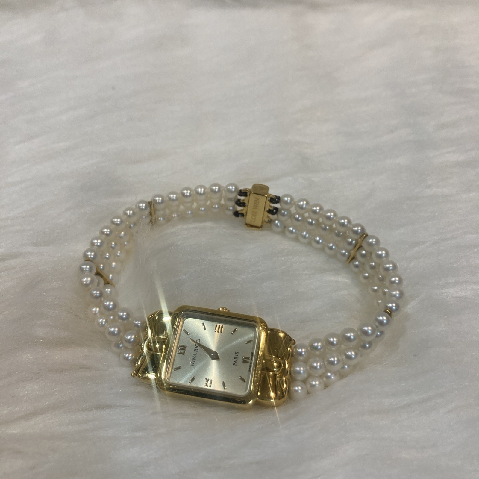 Nina Ricci Ladies Pearl Bracelet Watch Akoya S950 Quartz Battery Replaced 16cm