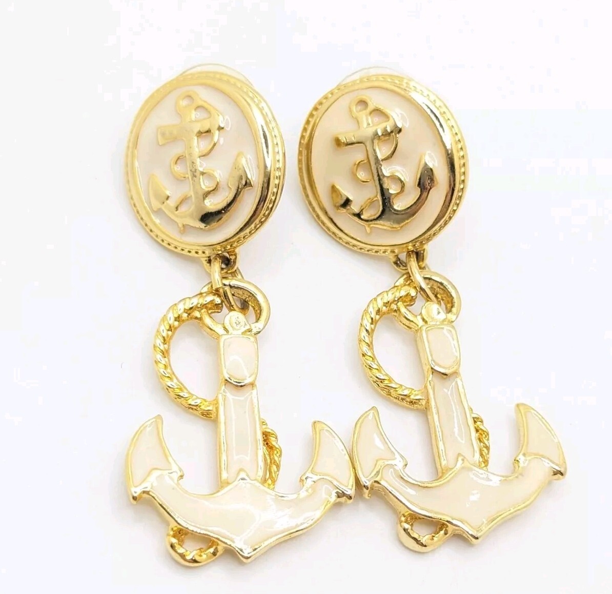Vintage Park Lane Drop Dangle Earrings Anchor Cream Beige Gold Ocean Beach GIft