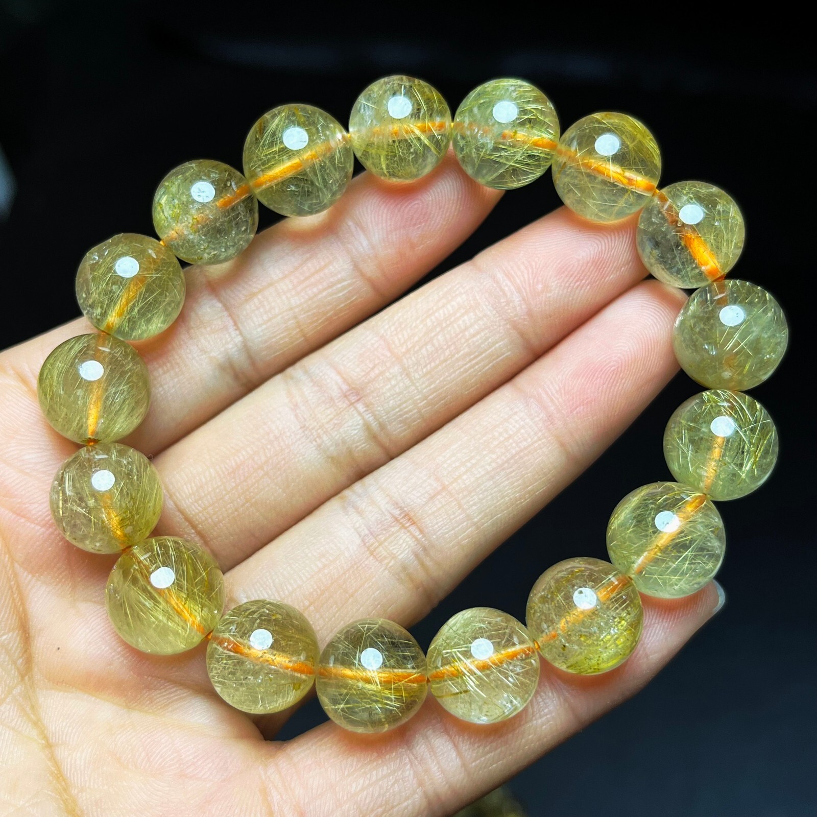 11.6-12mm Natural Gold Rutilated Quartz Stretch Crystal Beads Bracelet AAAA 29