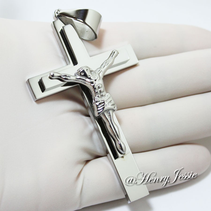 MEN’s Stainless Steel OVERSIZE 3″x1.8″ Silver JESUS Cross Charm Pendant*BSJ