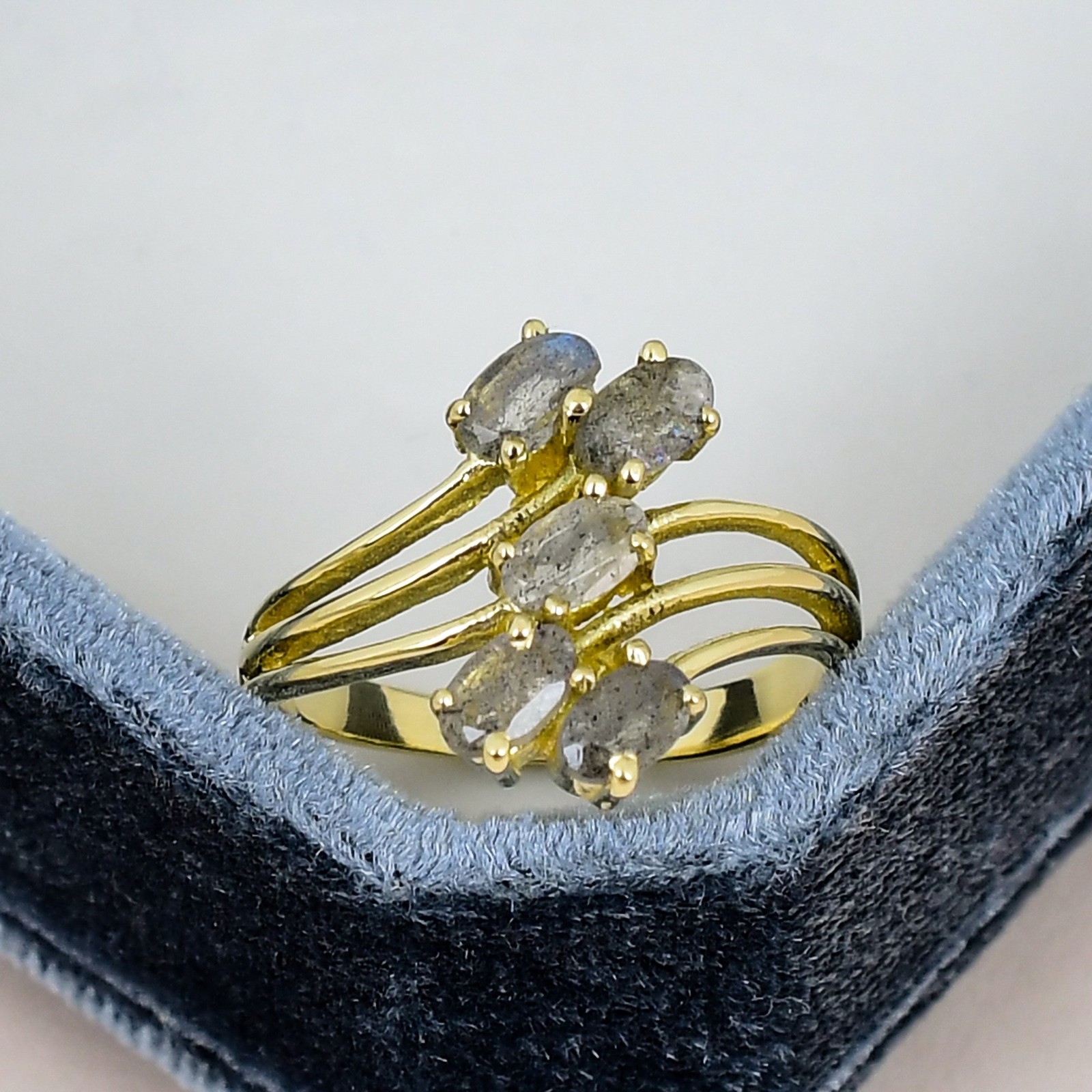 Labradorite Ring 18K Gold Plated 3x5mm Oval Gemstone Leaf Cluster Ring Gift