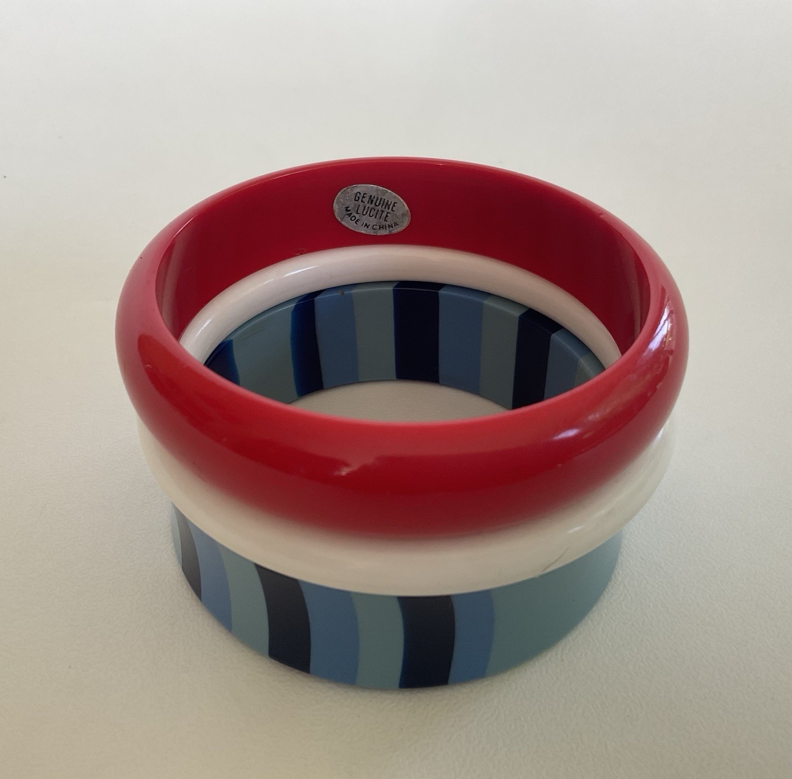 Vintage Lot 3 Chunky Bangles Red White Blue Stripes Lucite Plastic Mix Retro