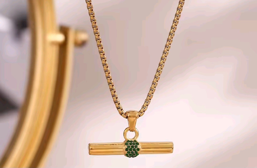 Nwob Stainless Steel Gold Tone Adjustable Barbell Green Necklace