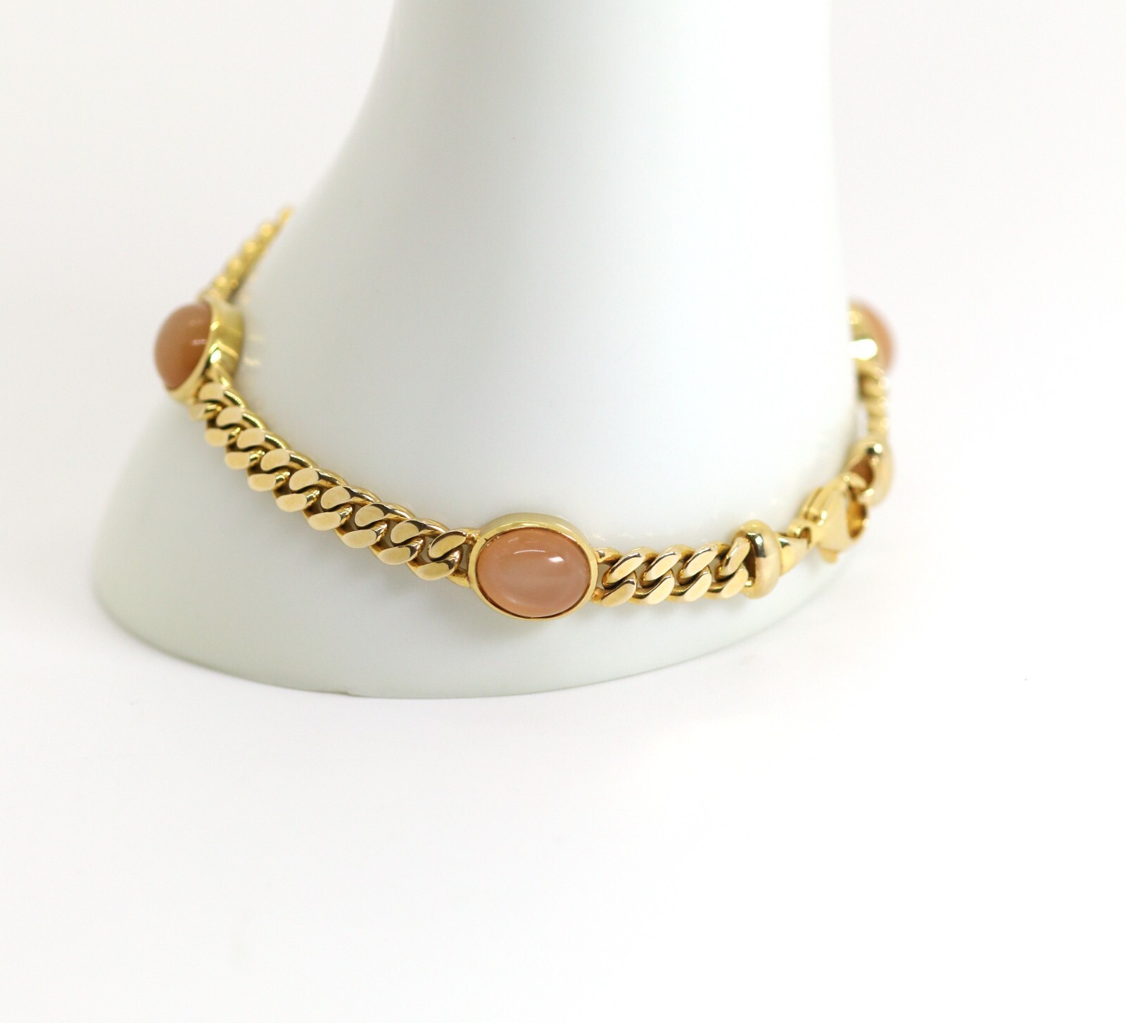 Flat Curb Link Bracelet Yellow Gold Rose Quartz Cabochon 14kt – 585, L: 20cm