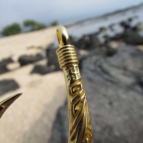 Maui Fishing Hook Necklace. 18K Gold Vermeil Hawaii. Tribal Design.