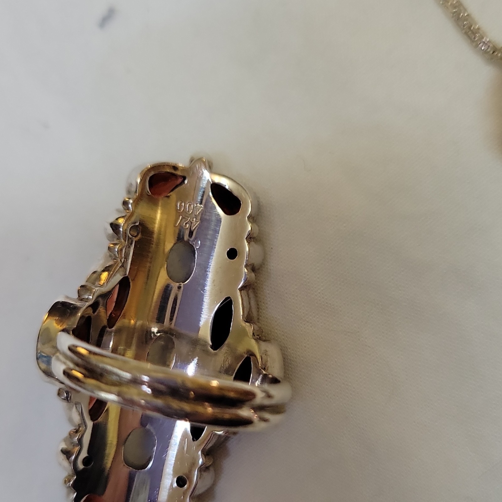 925 Sterling Silver Cross Pendant Necklace Garnet & Moonstone Box Chain Signed