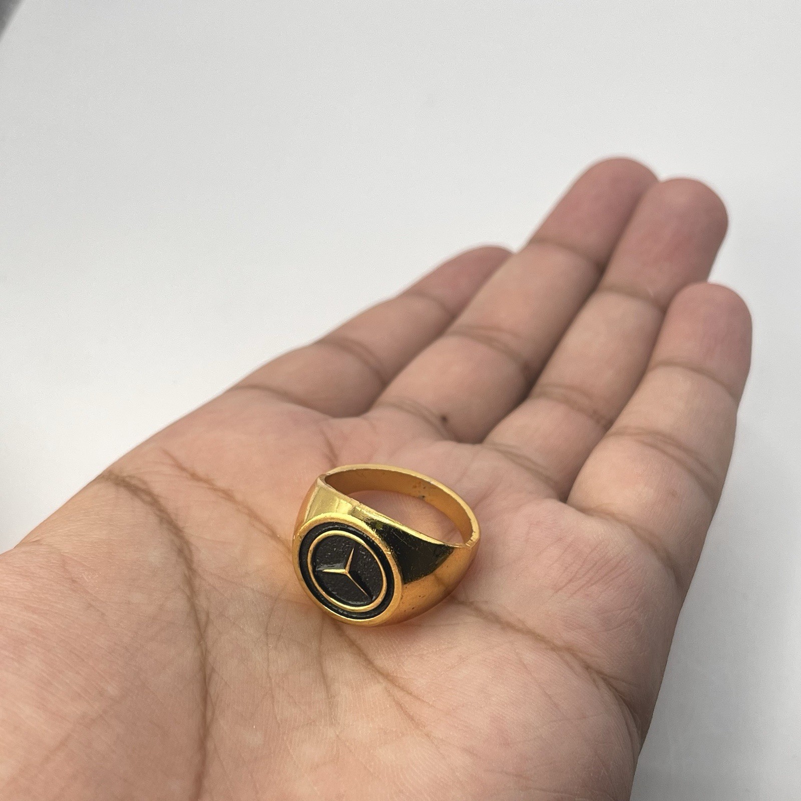Gold Mercedes Style Logo Ring Black Emblem Mens Statement Fashion Jewelry