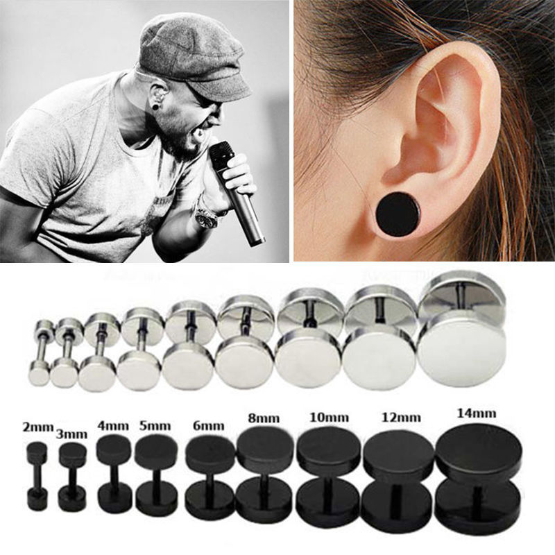 1Pair Mens Barbell Punk Gothic Stainless Steel Ear Studs Earrings