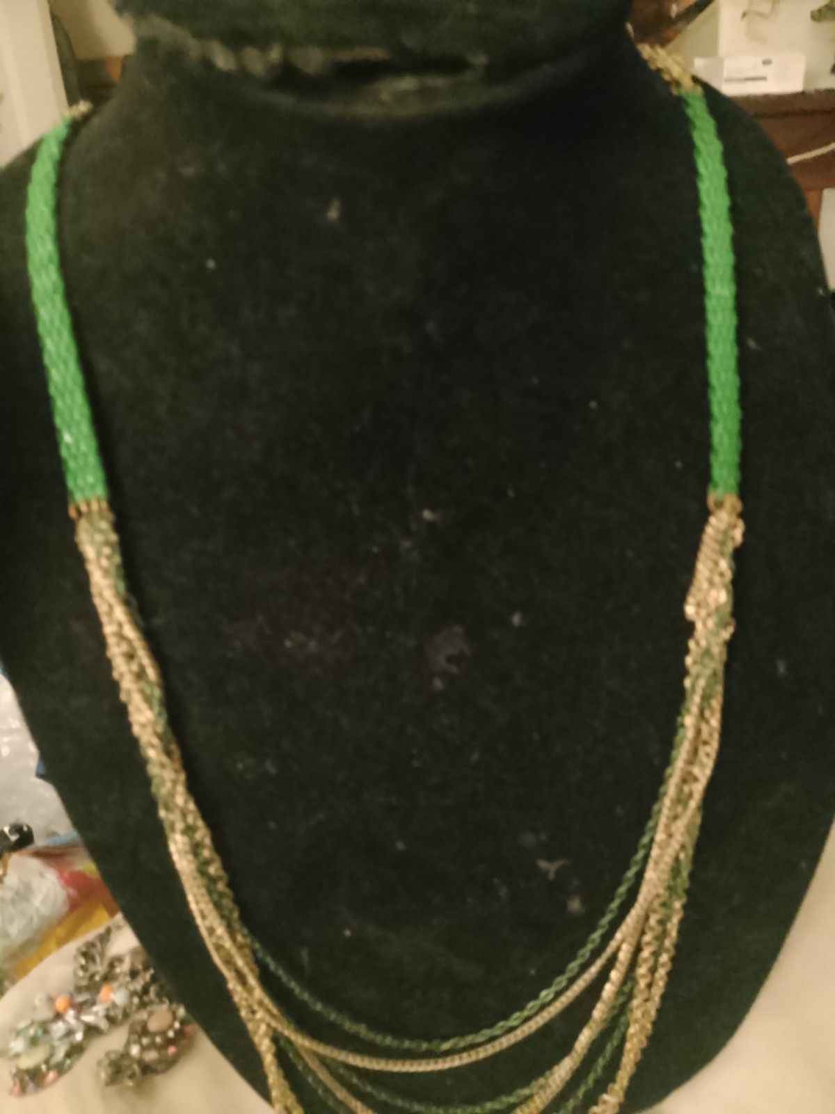 Green Gold-Tone Glass Round Beaded Multi-Strand Cable Chain Necklace Bohemian