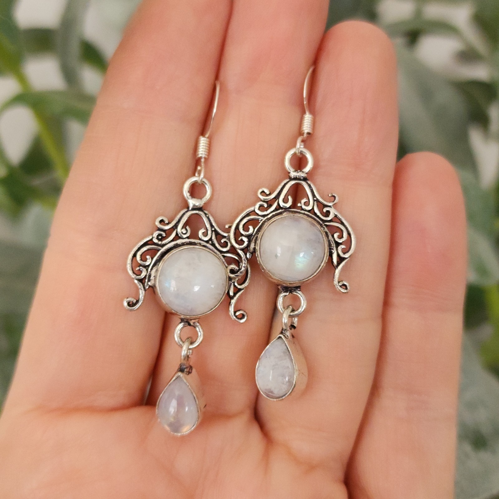 925 Overlay 12.2mm Rainbow Moonstone 2″ Drop Earrings