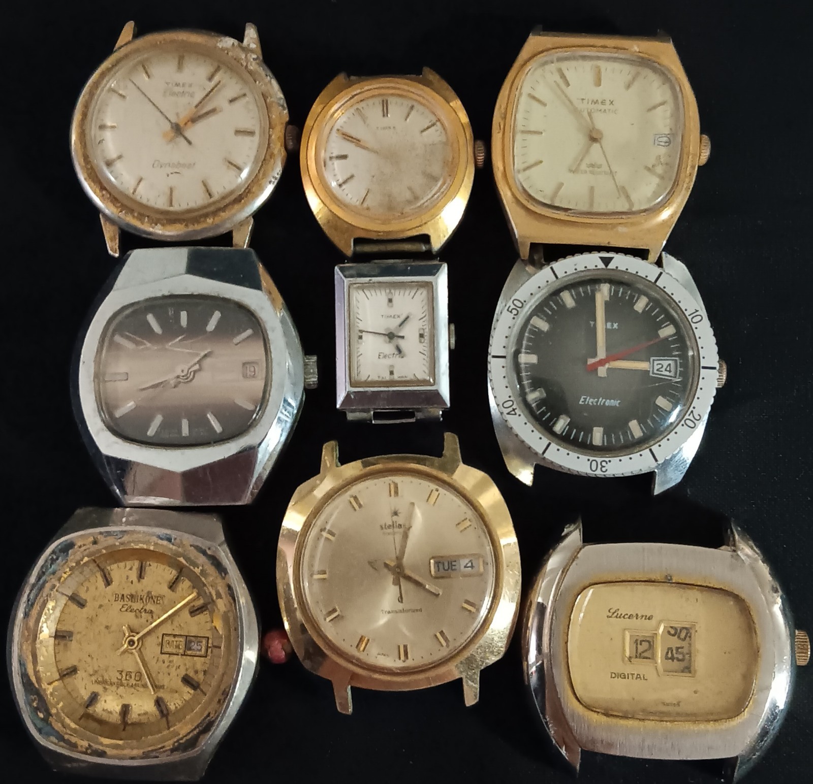 Ele watch lot 9 Vintage Watches Automatic Lucerne Stellaris Timex Electric Parts