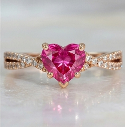 4Ct Heart Cut Simulated Pink Ruby/CZ Ring Twisted Pave Band 14k Rose Gold Finish