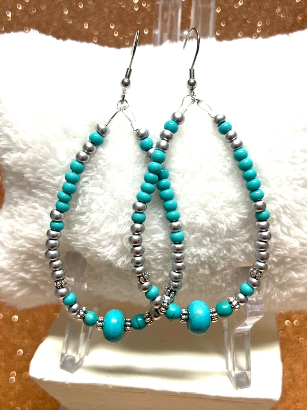 Shiny Silver Seed Bead Teardrop Hypo Earrings W Turquoise Roundelle Beads 3.5 In