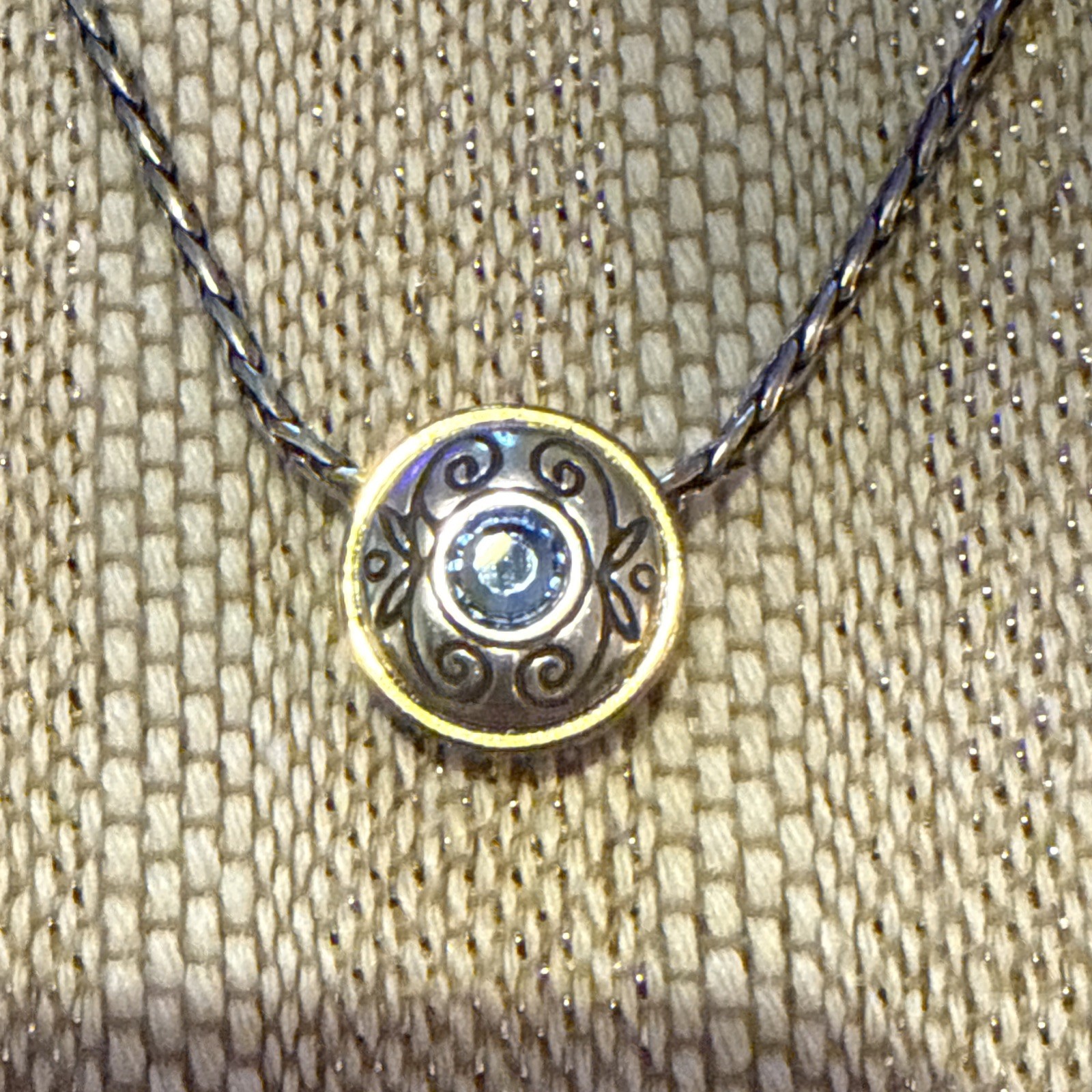Brighton Silver Tone Chain Necklace Blue Swarovski Crystal Charm Gold Accents