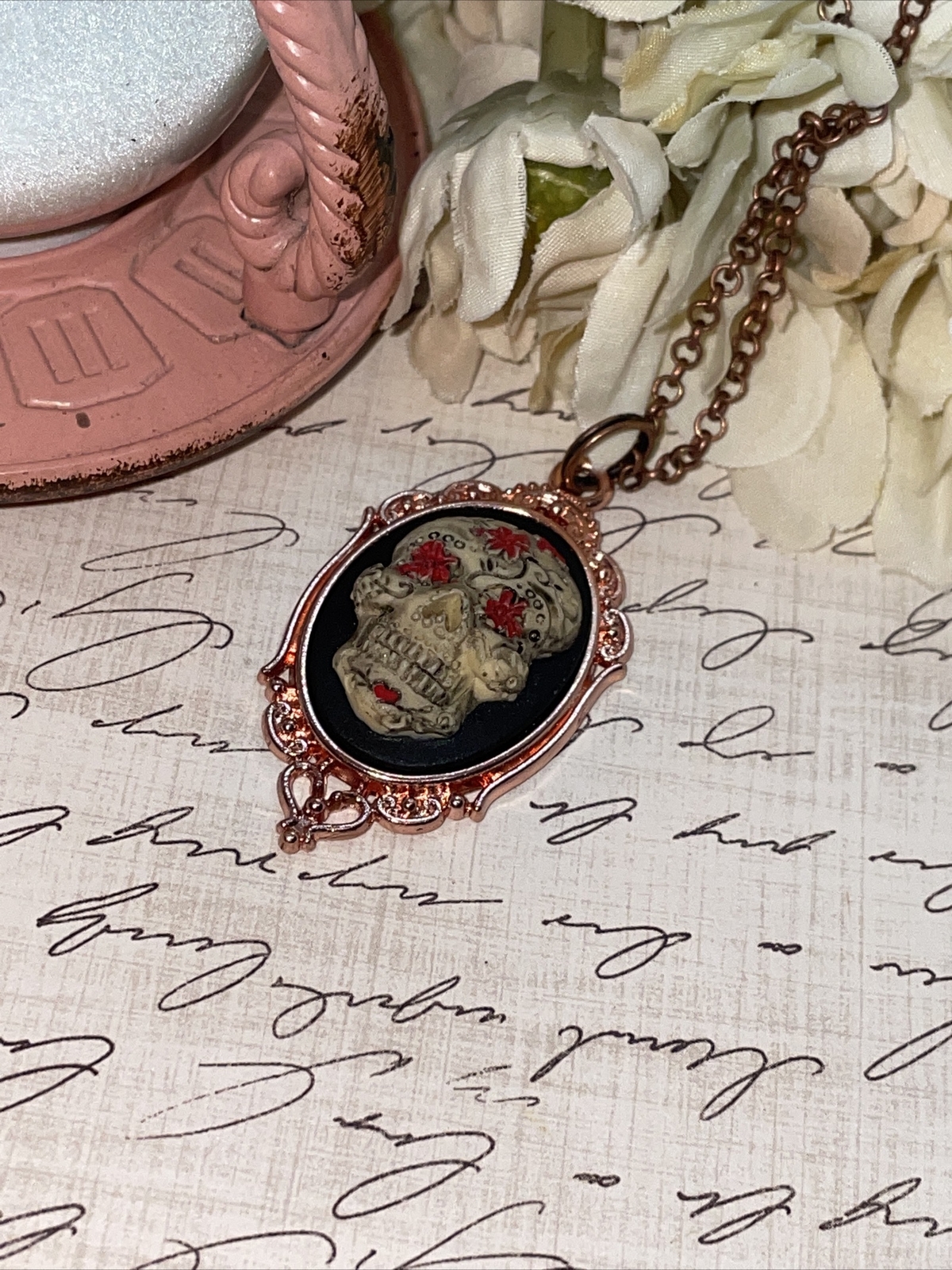 Sugar Skull Gothic Heart Wedding Rose Gold Party Birthday gift necklace Cameo