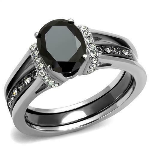 1.86 Ct Oval Cut Jet Black Synthetic Glass Light Black Wedding Set Tk2971
