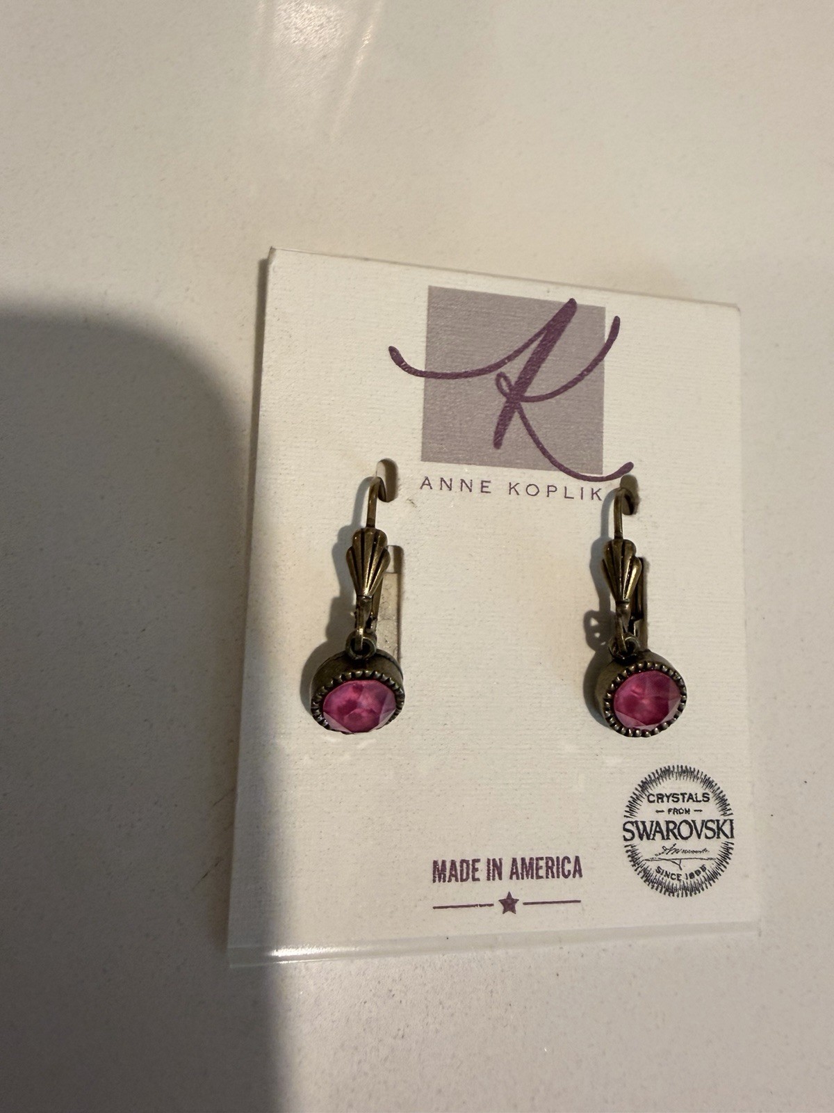 Anne Koplik Swarovski Crystal Drop Earrings Dark Gold Tone Deep Pink Stones NWT