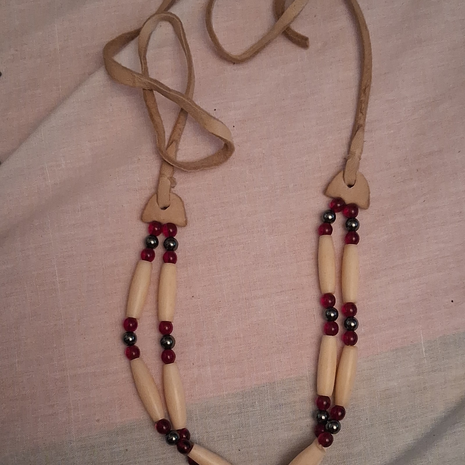 Leather Cord Ethnic Beaded Necklace, Adjustable Tie Closure, Beige/Red/Black