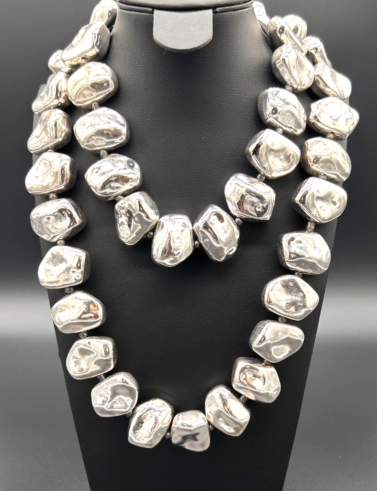 Chico’s Silver Tone Chunky Nugget Pebble Bead Statement Necklace 21″ Long Signed