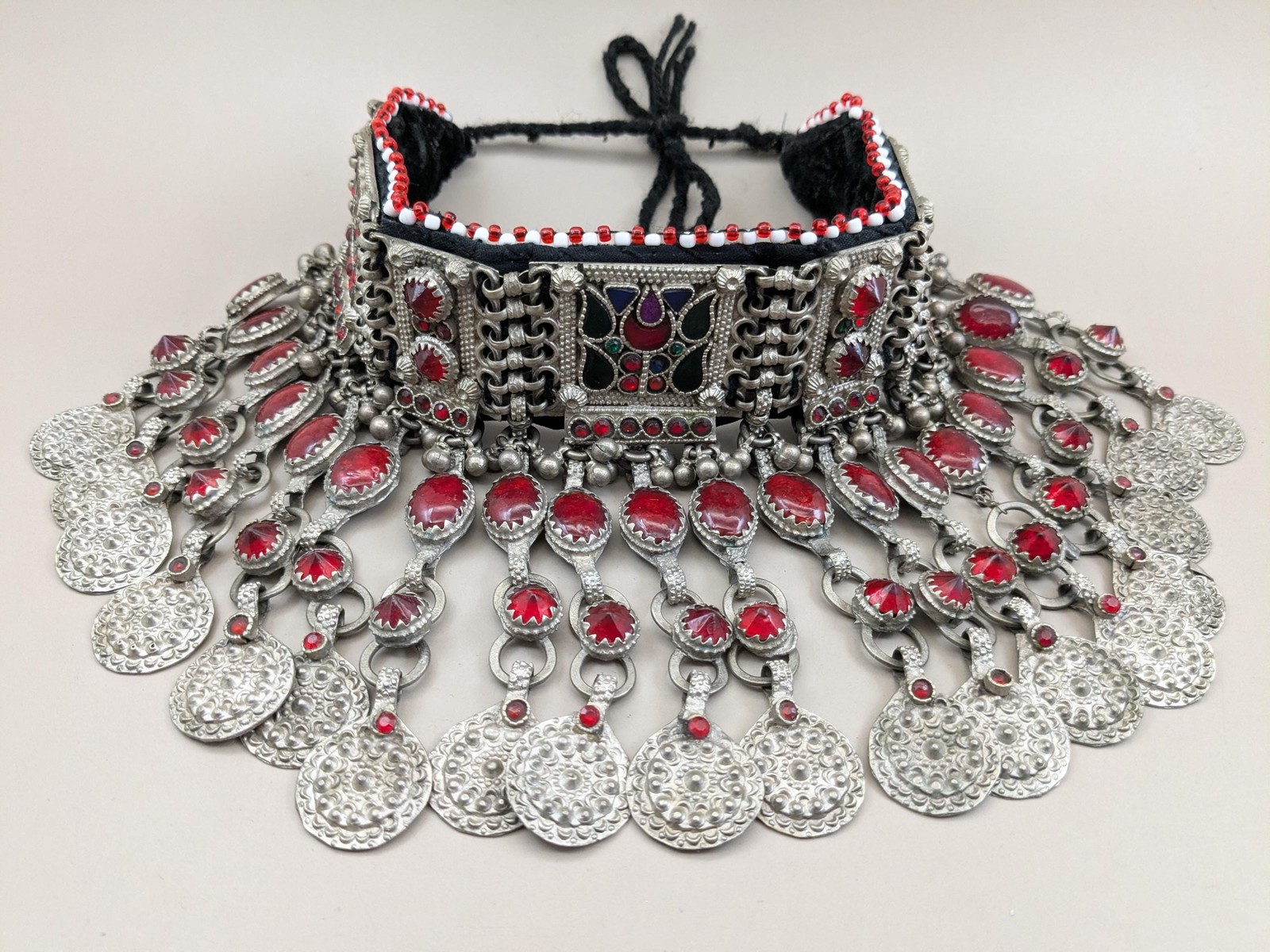 Vintage Kuchi Tribal Choker Bib Necklace Jingling Dangles Red Glass (19576)
