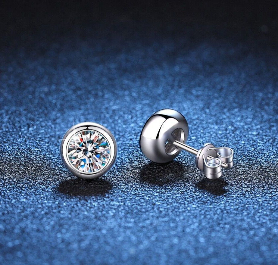 2ct Bezel Set Moissanite 9mm Stud Earrings Push Back Real Solid 925 Silver Men