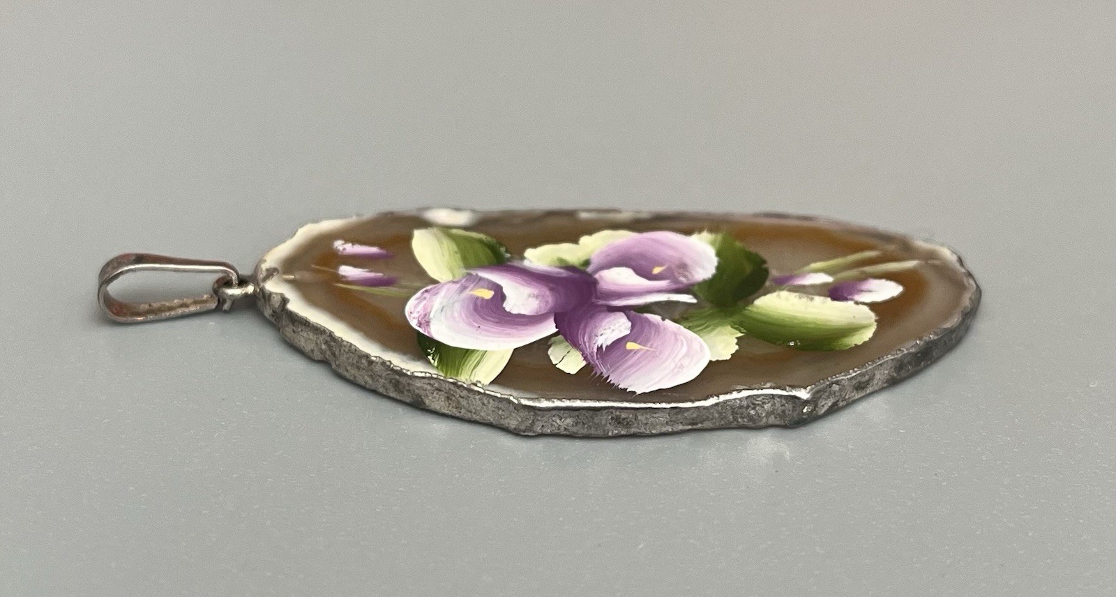 Vintage Hand Painted Translucent Agate Slice Pendant Purple Flowers Silver Tone