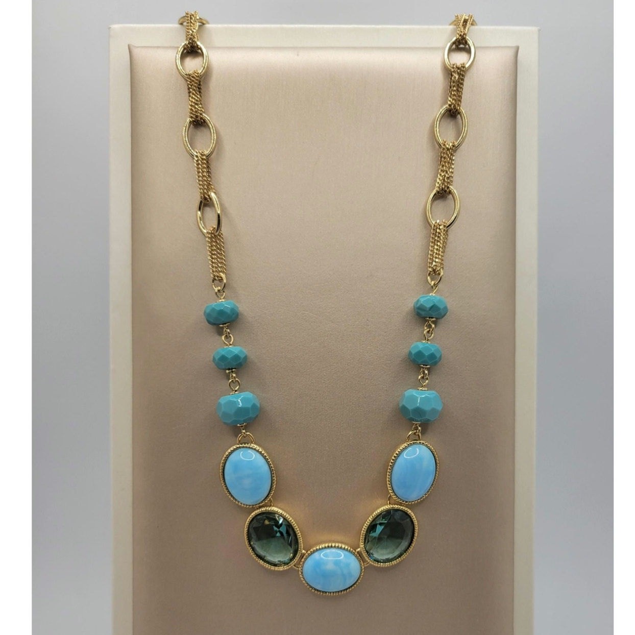 Vintage Signed Monet Faux Larimar Aqua Necklace Oval Crystal Cabochons 1990s