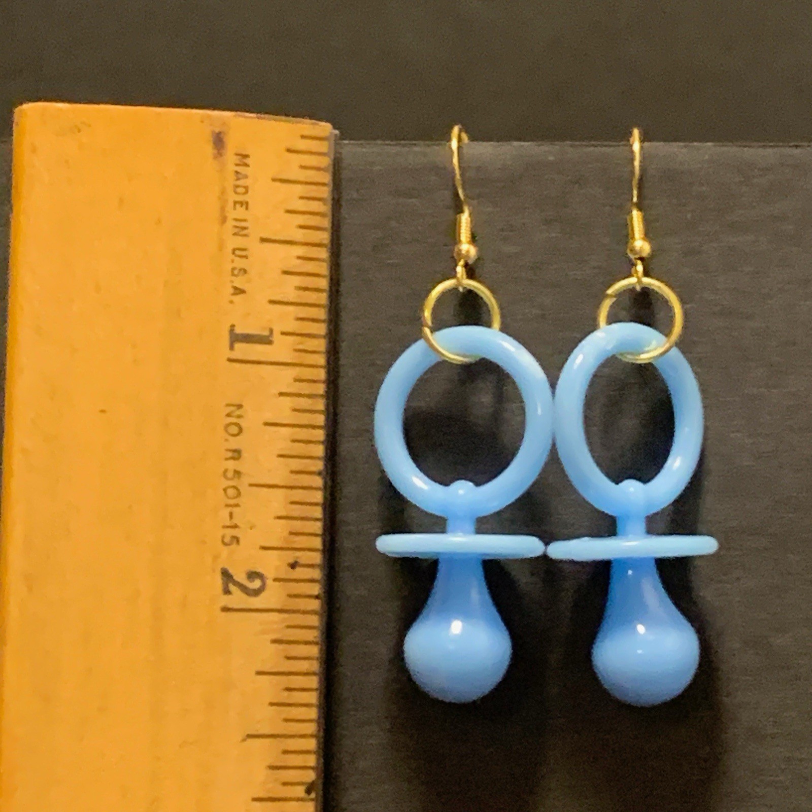 Blue Pacifier Earrings Gold Handmade Baby Shower Gender Twee Kidcore Whimsy