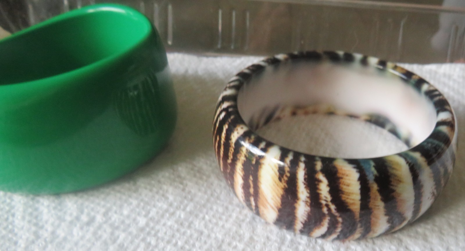 Lot of 2 Bangle Bracelets Green Plus Black Brown White Animal Look Chunky