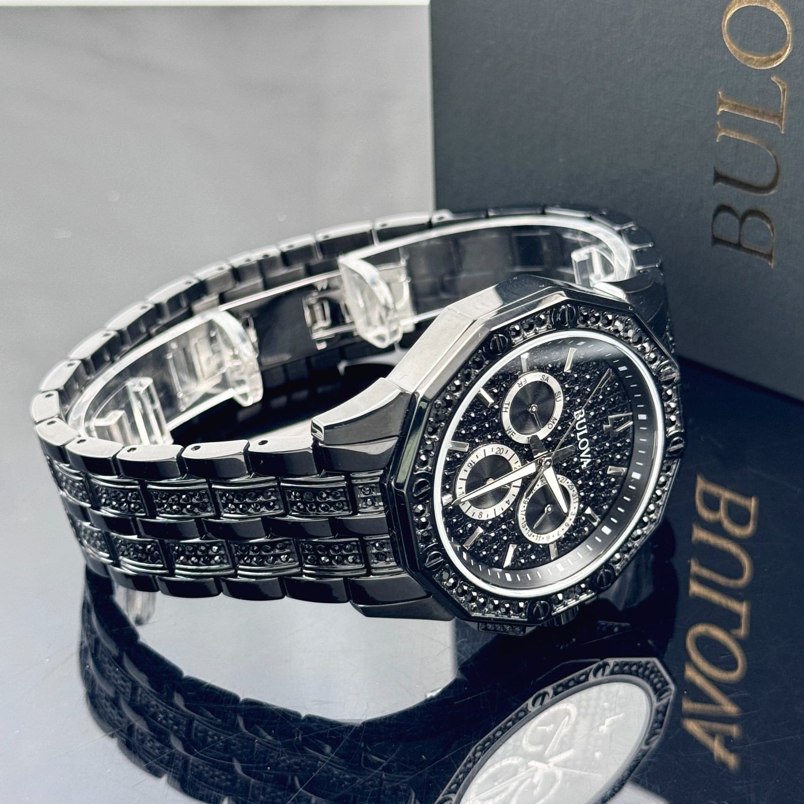 Bulova Octava Black Pave Crystal Stainless Steel Quartz Men’s Watch 98C134