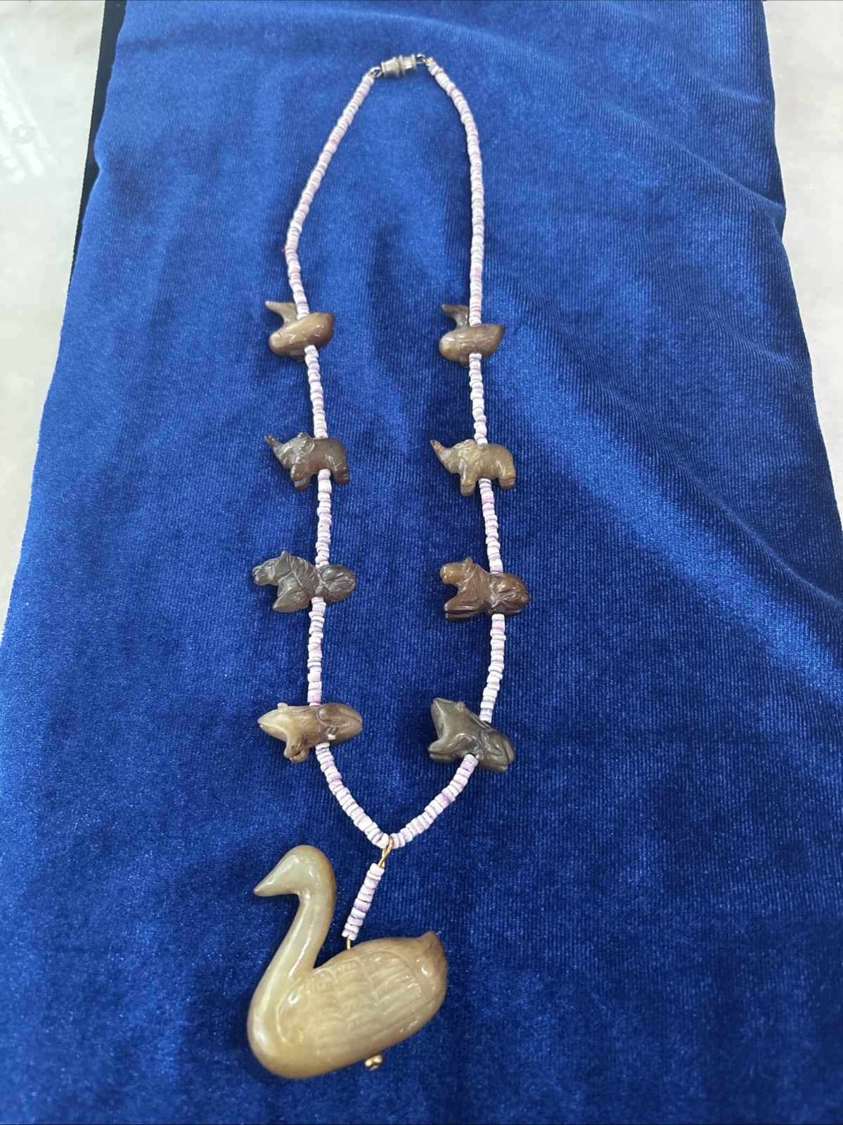 Vintage Chinese Export Carved Stone Zuni Style Necklace. Carved Animals.