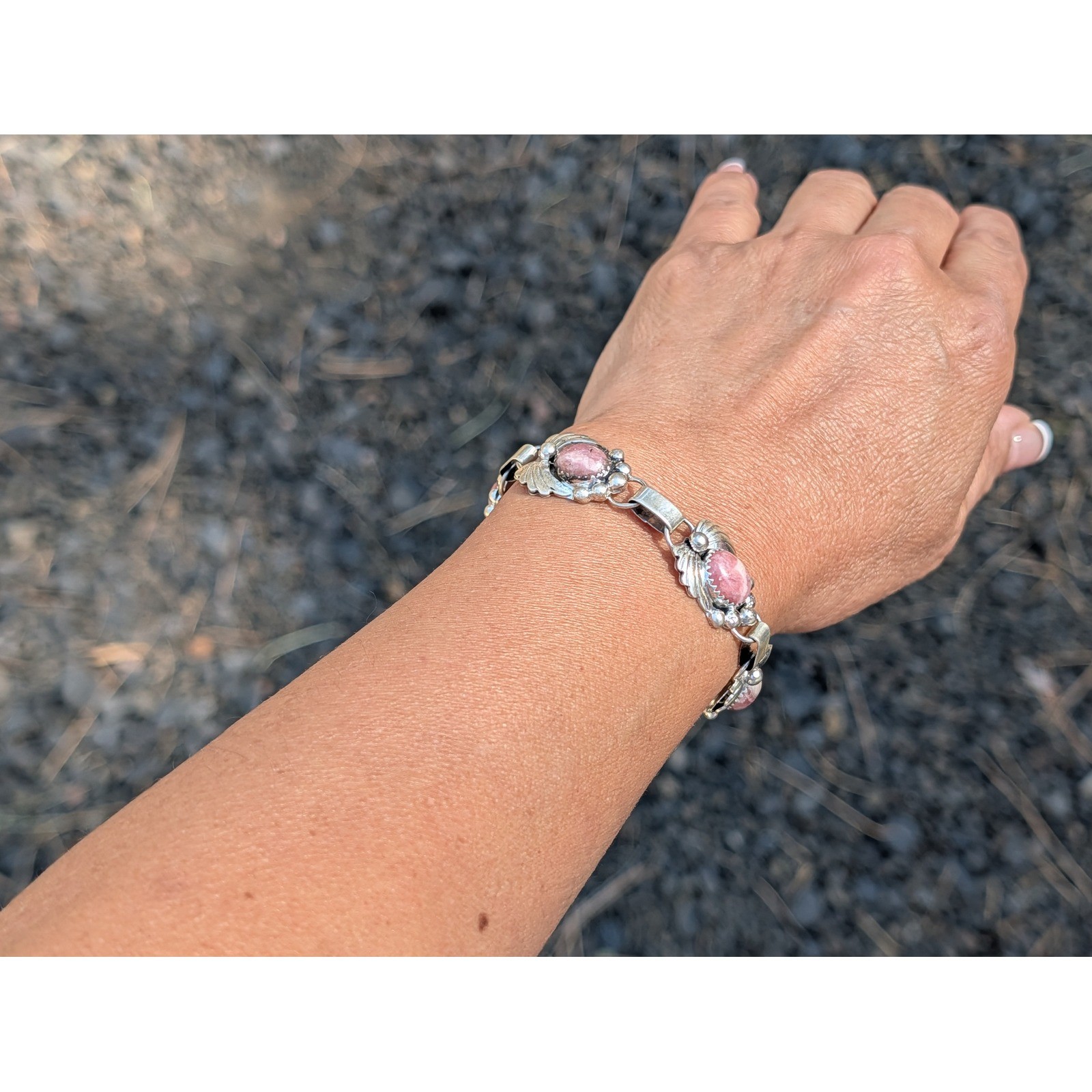 Handmade Navajo Natural Wreath Rhodochrosite Stone Bracelet Fits 8-9.5 in. **