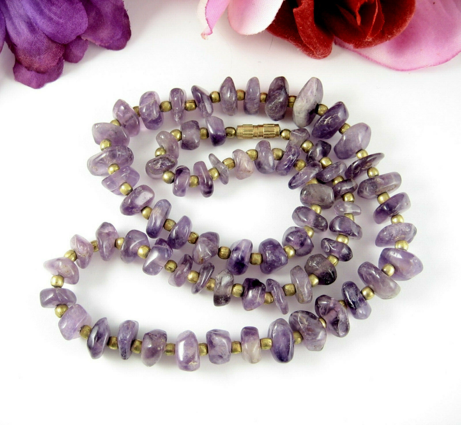 AMETHYST Chunk Chips NECKLACE Vintage Polished Purple Stones Graudated 21″