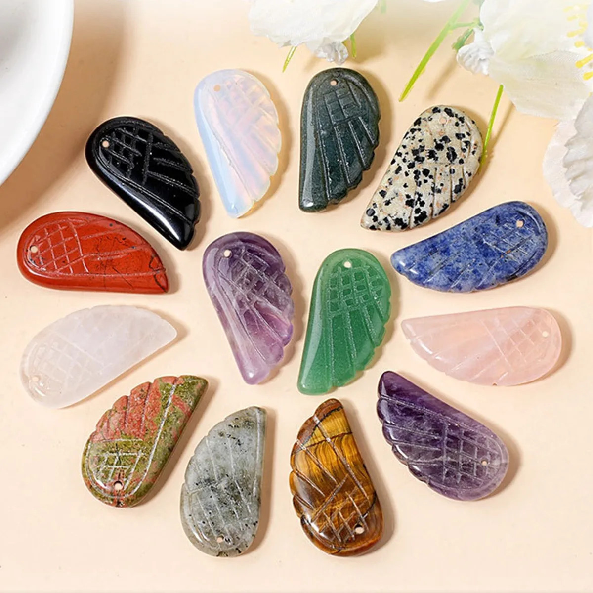 6PCS 16x30mm Angel Wing Carved Stone Pendant DIY Jewelry Necklace Making Charm