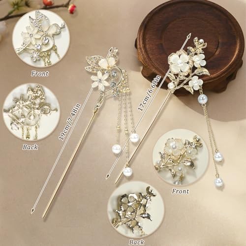 2Packs Lily of the Valley Chinese Hair Sticks for Buns, Pearl Flower beige