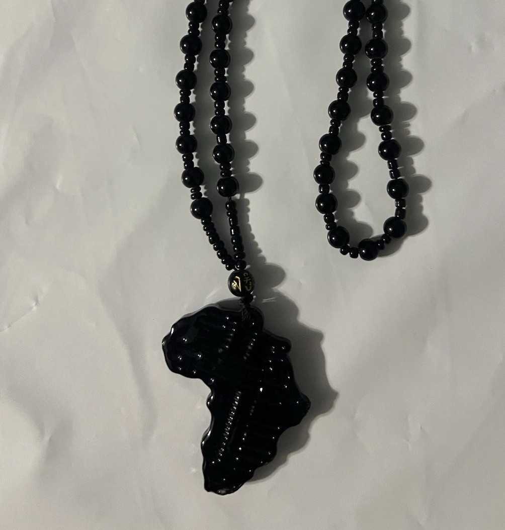 Africa Continent Pendant Necklace Black Beaded Tribal Ethnic Boho Statement Art