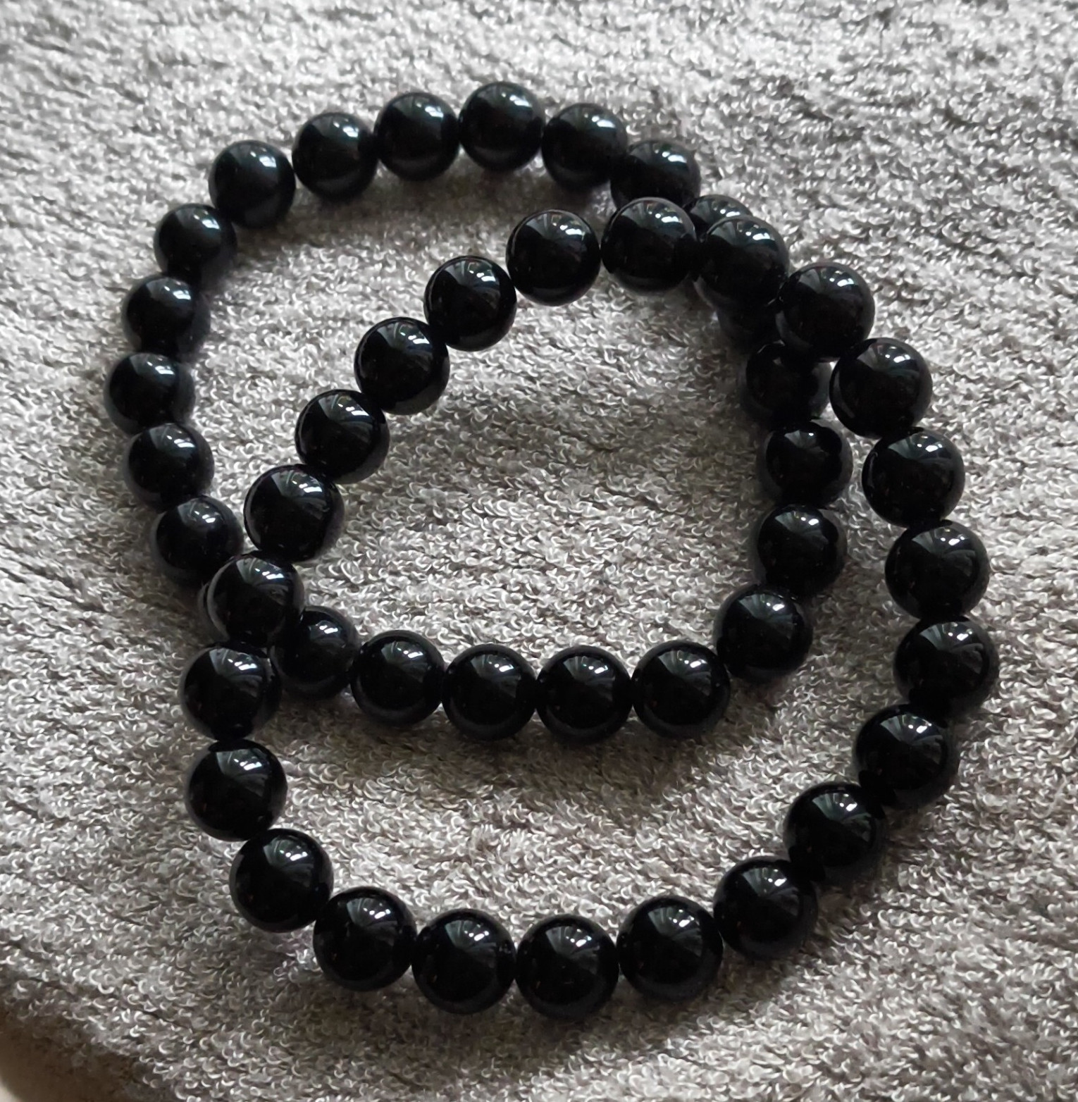 Lot of 2 Black Round Stone Beaded Stretch Bracelets, No Clasp