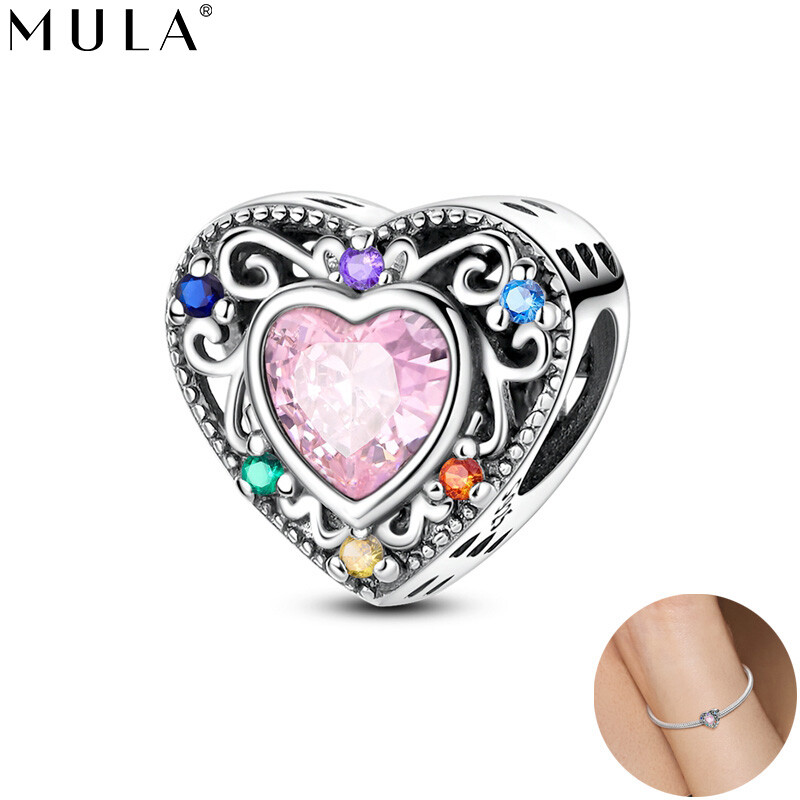 MULA 925 Sterling Silver Love Retro Pattern DIY Charm Pink CZ For Women Bracelet