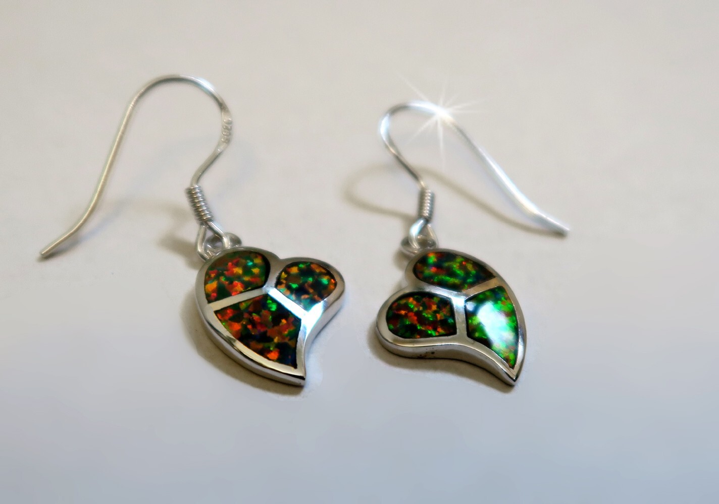 925 REAL SILVER RHODIUM PLATED *** Opal Red Brown Synth. Leaf Earrings 33mm
