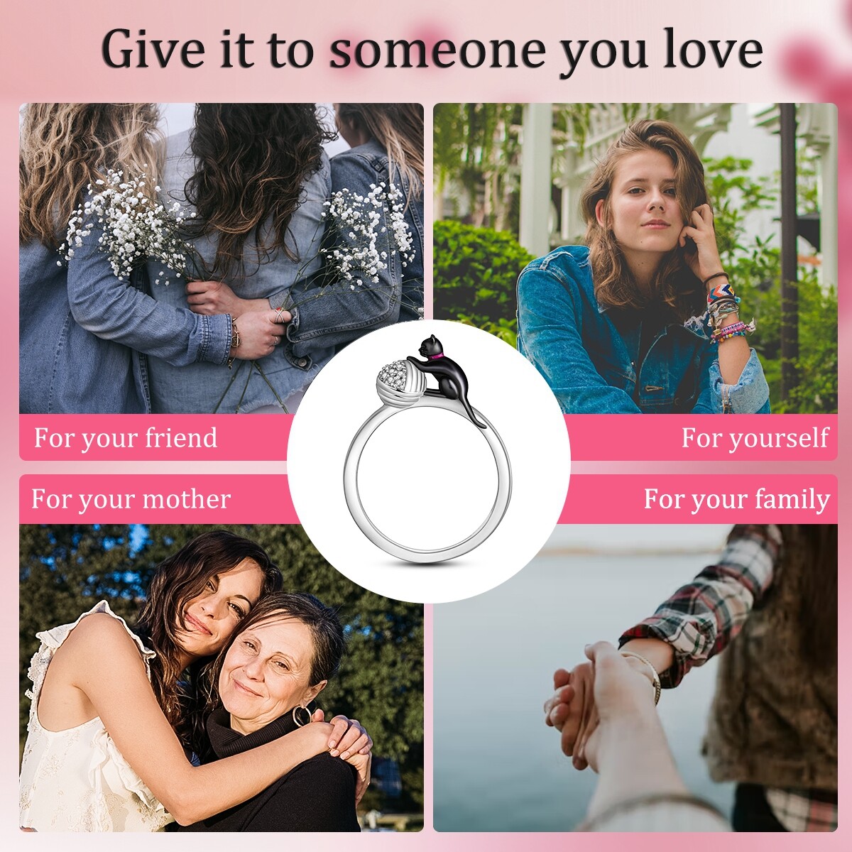 MULA Original Black Cat Yarn Finger Ring CZ For Women Jewelry 925 SterlingSilver