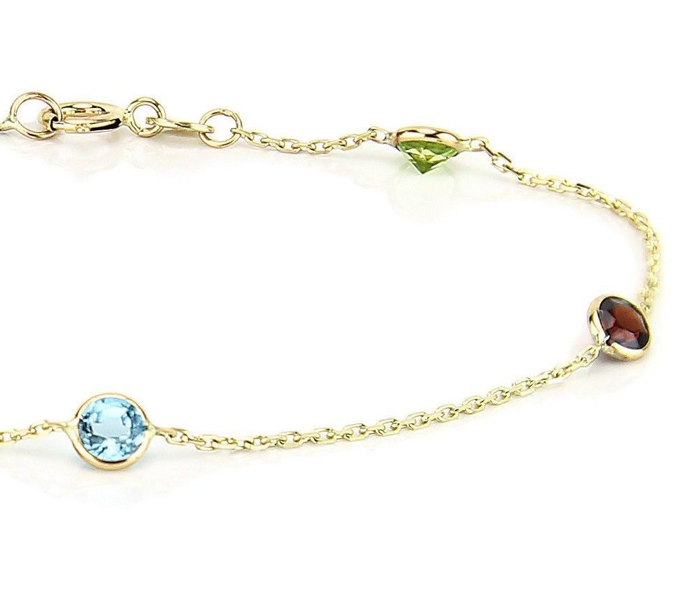 14K Yellow Gold Anklet Bracelet With Round Gemstones 9.5 Inches