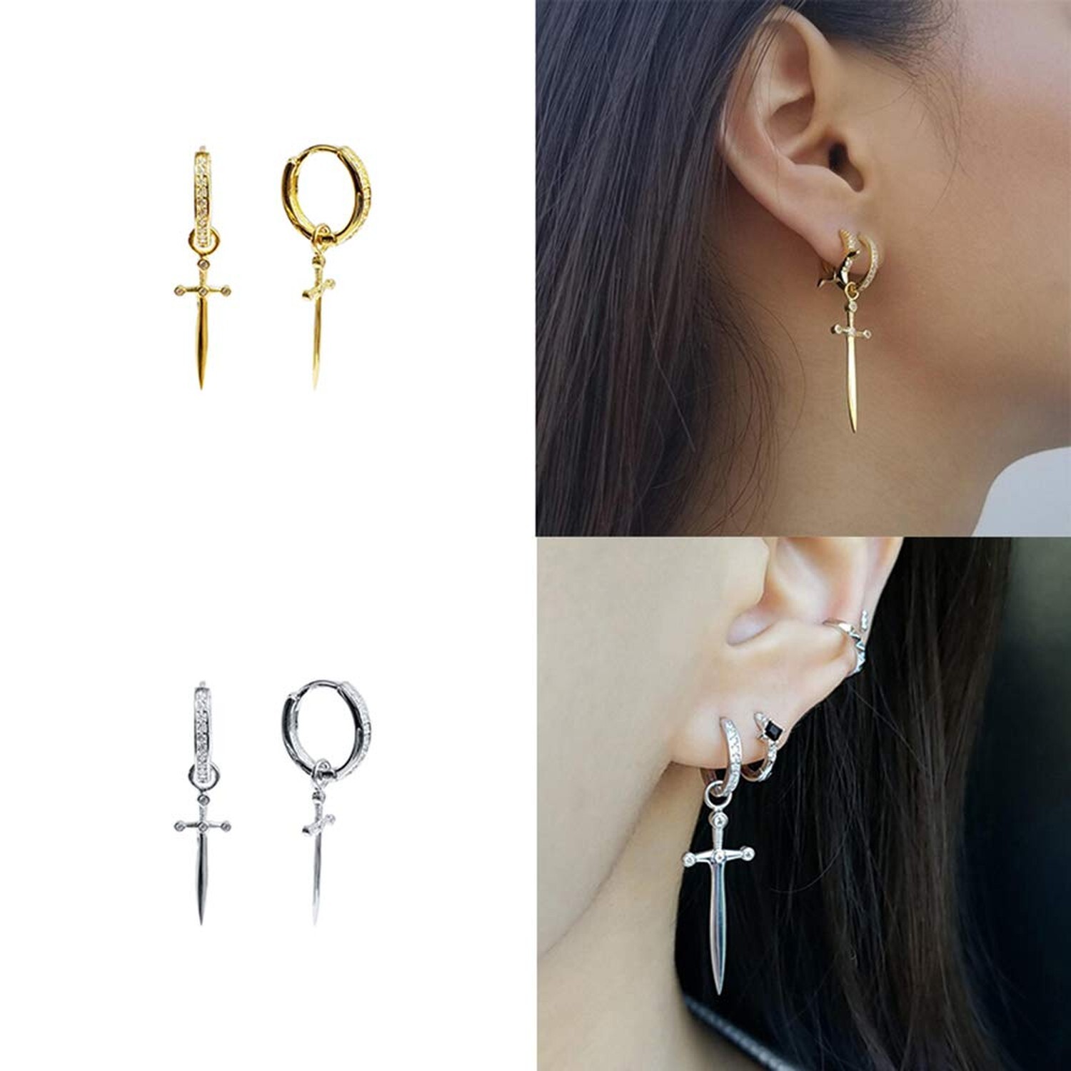 Dagger Hoop Cuff Earrings S925 Sterling Silver Cubic Zirconia Hypoallergenic …