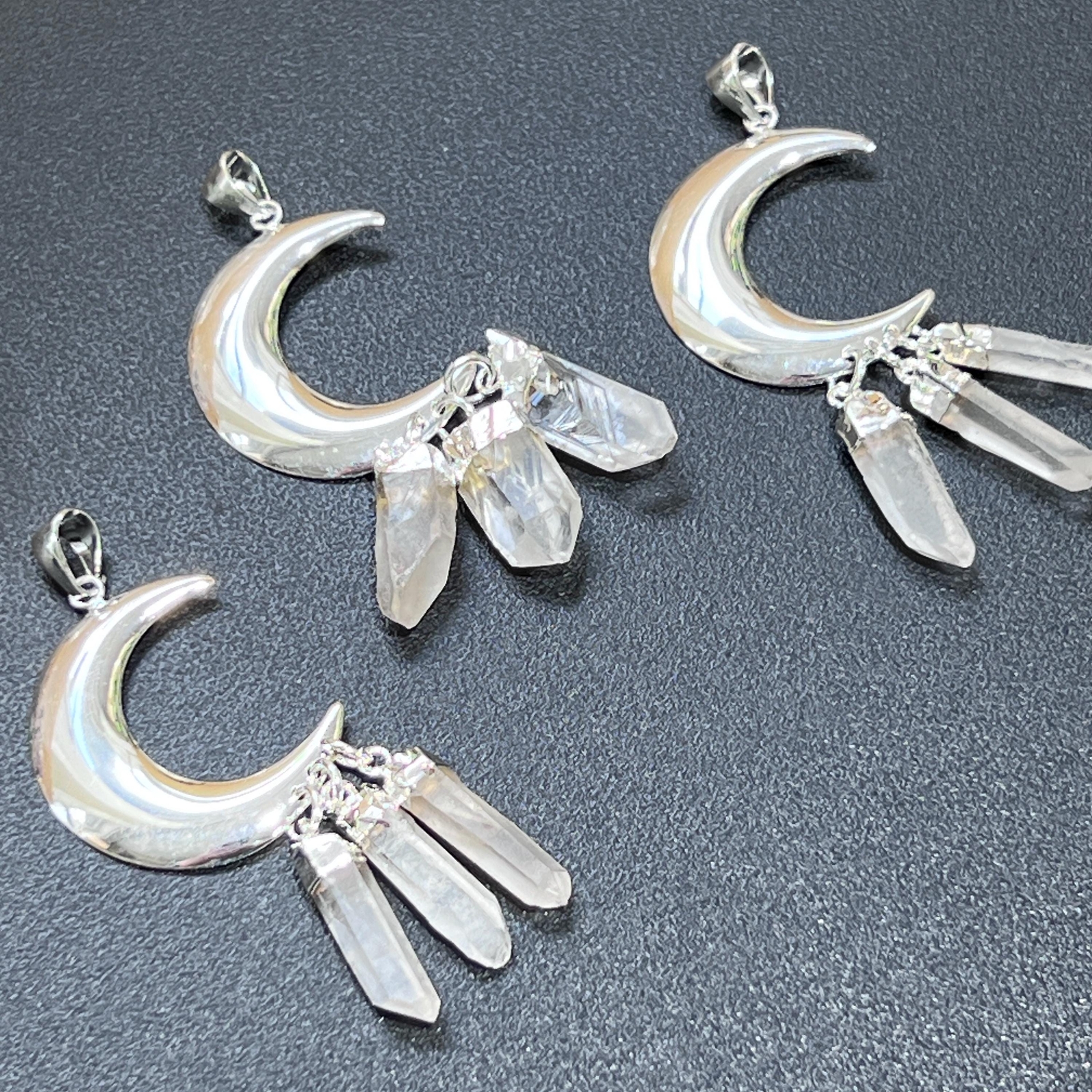 Quartz Crystal Crescent Moon Pendant (Silver Plated)(3 Crystals) Jewelry